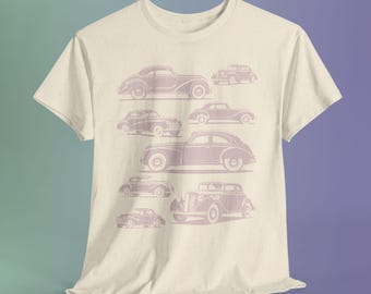 Blush Vintage Car Collage Shirt, Pastel Retro Automotive Graphic Tee