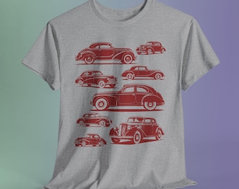 Red Vintage Car Collage Graphic Tee, Retro Automotive Shirt for Enthusiasts