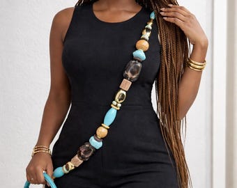 Handmade Beaded Crossbody Necklace, light weight Turquoise Gold Boho Statement Jewelry