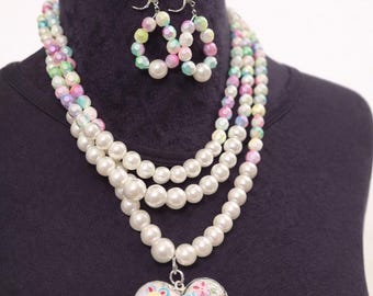 Pearl Necklace & Earring Set with Floral Heart Pendant | Handmade Valentine Jewelry | Gift for Her