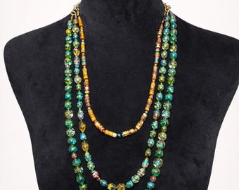 Handmade Multi Strand Statement Necklace | Colorful Glass Bead Layered Necklace | One of a Kind Artisan Jewelry | Bold Boho Chic Necklace
