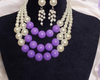 Pearl & Purple Statement Necklace and Earring Set Statement Jewelry "Royal Layers Collection"