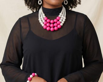 Hot Pink Pearl Statement Necklace Set | Bold Chunky Beaded Jewelry Set with Bracelet & Earrings