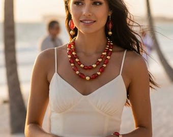 Red Gold Statement Necklace Set | Chunky Beaded Jewelry, Earrings, Bracelet