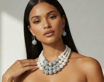 Handmade Black & White Statement Necklace Set with Matching Earrings — Elegant Beaded Jewelry by Jewels by Jan