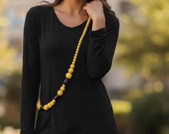 Handmade Yellow Black Beaded Statement Necklace Earrings Set, Chunky Jewelry