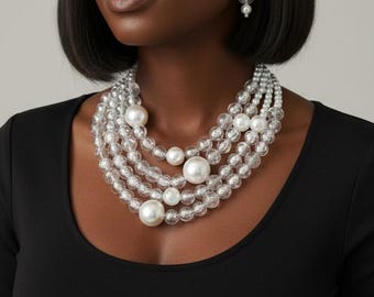 Layered Pearl Crystal Statement Necklace Set | Multi Strand Bib Jewelry, Earrings and Bracelets Included