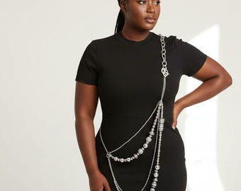 Layered Silver Body Chain Necklace, Draped Beaded Crossbody, Statement Black Dress Accessory