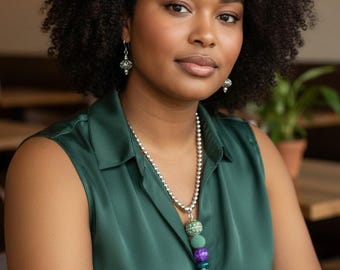 Handmade Green Purple Beaded Statement Jewelry Set, Chunky Necklace Bracelet Earrings