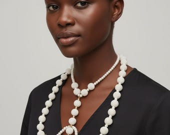 Chunky Pearl Necklace, Gold Leopard Pendant, Textured Beaded Statement Jewelry