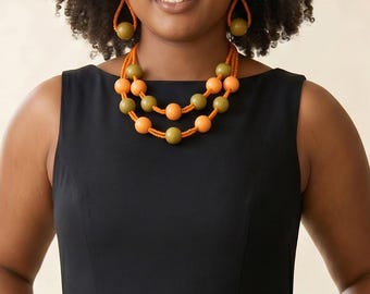 Orange & Olive Statement Necklace Set | Handmade African Inspired Jewelry