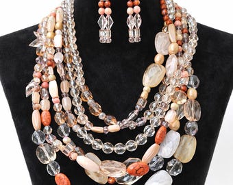 Multi-Strand Statement Necklace Set, Champagne Crystal Beaded Jewelry, Boho Luxe Earrings