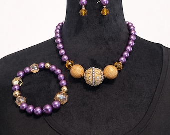 Purple Pearl Statement Necklace Set, Gold Accents, Handmade Jewelry