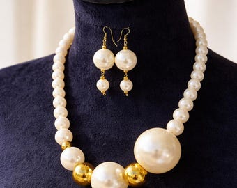 Pearl Necklace Earrings Bracelet Set | White & Gold Statement Jewelry | "Pearls with Distinction"