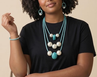 Turquoise Braided Hoop Earrings & Necklace Set | Southwestern Boho Jewelry