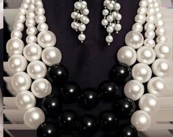Pearl & Black Statement Necklace and Earring Set Statement Jewelry "Royal Layers Collection"
