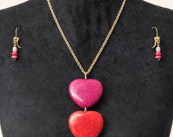 Pink Red White Triple Heart Necklace Set, Gold-Tone Chain, Statement Jewelry