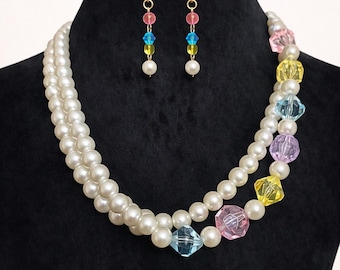 Handmade Convertible Pearl Necklace, Earrings & Bracelet Set, Pastel Jewelry