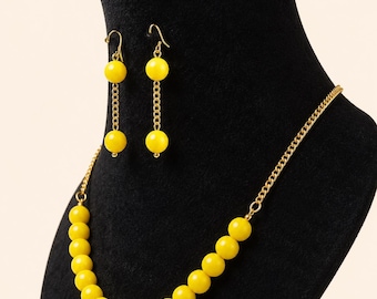 Sunshine Yellow Beaded Necklace Set | Gold tone Chain Statement Jewelry | Matching Dangle Earrings | Handmade Bold Summer Jewelry Set