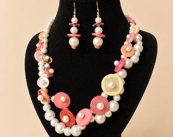 Chunky Pearl Statement Necklace Earrings Set, Orange Yellow Pink Button Jewelry