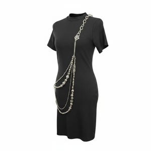 Layered Silver Body Chain Necklace, Draped Beaded Crossbody, Statement Black Dress Accessory