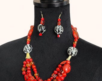 Handmade Red & Black Statement Necklace and Earring Set | One of a Kind Jewelry