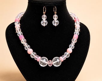 Pink Crystal Beaded Choker Necklace Set | Handmade Glass Bead Jewelry | Feminine Sparkle Necklace & Earrings | Elegant Gift for Her
