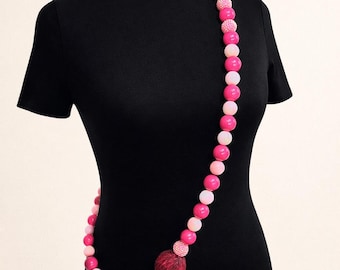 Pink Statement Beaded Necklace, Chunky Crossbody Jewelry, Handmade Bold Design