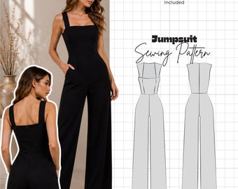 Jumpsuit Sewing Pattern PDF | Wide Leg Sleeveless Jumpsuit | Ponte Knit Beginner Pattern | Sizes XS-5XL | Plus Size Sewing