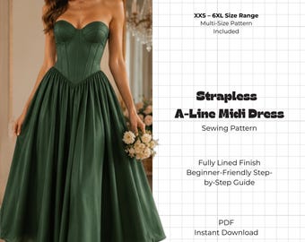 Strapless Corset Ball Gown Sewing Pattern PDF | Sweetheart Bustier A-Line Midi Dress | Lace-Up Back Prom Wedding Dress Sizes 00-32