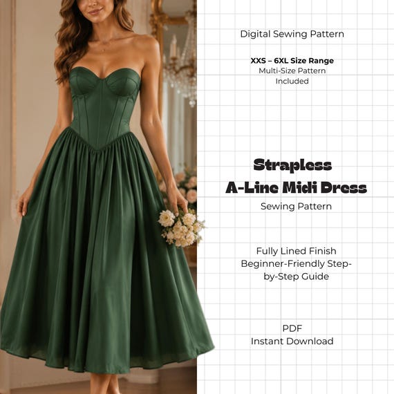 Strapless Corset Ball Gown Sewing Pattern PDF | Sweetheart Bustier A-Line Midi Dress | Lace-Up Back Prom Wedding Dress Sizes 00-32