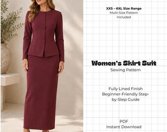 Women's Skirt Suit Sewing Pattern PDF | Collarless Blazer & Midi Trumpet Skirt | Ponte Knit Two Piece Set | Sizes XS-5XL | Plus Size