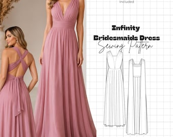Peut inclure: Une robe infinity rose poudré longue jusqu'au sol avec un décolleté en V profond et une taille froncée. Le patron de couture inclut le texte XXS – 6XL Size Range, Multi-Size Pattern Included et Infinity Bridesmaids Dress Sewing Pattern.