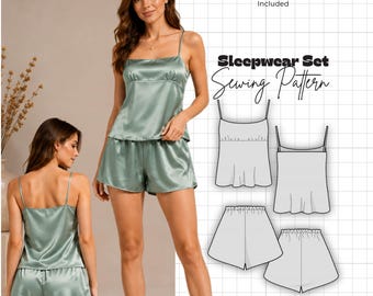Silk Cami Pajama Set Sewing Pattern | Peplum Top & Shorts PDF | Sizes 0-30 | Bias Cut Sleepwear Loungewear | Instant Download A4 + Letter