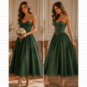 Peut inclure: Une robe midi vert fonc&eacute; sans bretelles dot&eacute;e d'un corsage structur&eacute; style corset avec des coutures verticales visibles et une jupe ample pliss&eacute;e qui tombe sous les genoux. Le v&ecirc;tement est d'un vert for&ecirc;t profond et uni avec une finition en tissu mat.