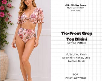 Puff Sleeve Bikini Sewing Pattern PDF | Twist Front Swimsuit Pattern | Beach Two Piece | Plus Size 2-30 | DIY Swimwear Sewing PDF