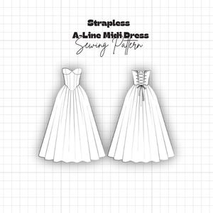 Peut inclure: Un dessin au trait noir et blanc d'un patron de couture pour robe midi trap&egrave;ze sans bretelles. L'illustration montre la vue de face avec un corsage ajust&eacute; et une jupe ample, et la vue de dos avec un la&ccedil;age corset et un ruban nou&eacute;.