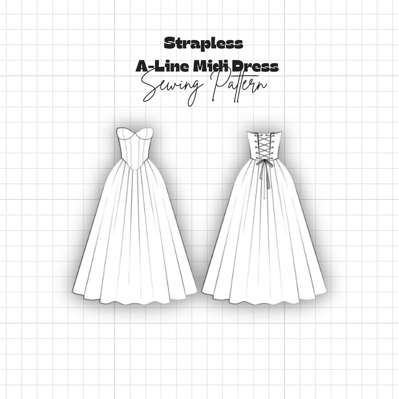 Peut inclure: Un dessin au trait noir et blanc d'un patron de couture pour robe midi trap&egrave;ze sans bretelles. L'illustration montre la vue de face avec un corsage ajust&eacute; et une jupe ample, et la vue de dos avec un la&ccedil;age corset et un ruban nou&eacute;.