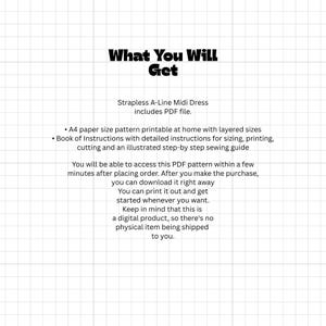 Peut inclure: Une fiche produit num&eacute;rique pour un patron de robe midi bustier trap&egrave;ze. Le texte indique : What You Will Get, Strapless A-Line Midi Dress includes PDF file, A4 paper size pattern printable at home with layered sizes, et un guide illustr&eacute;.
