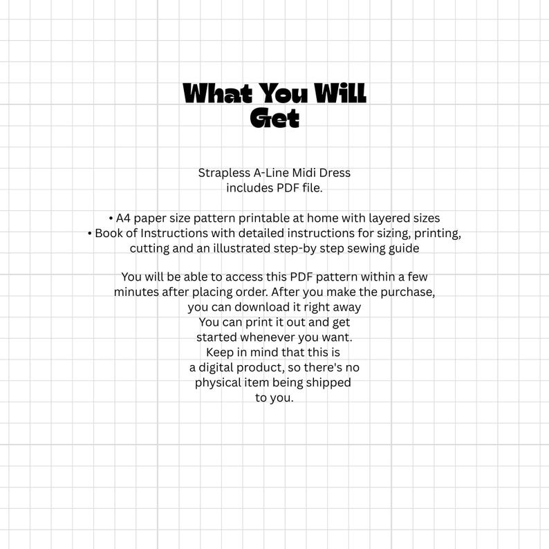 Peut inclure: Une fiche produit num&eacute;rique pour un patron de robe midi bustier trap&egrave;ze. Le texte indique : What You Will Get, Strapless A-Line Midi Dress includes PDF file, A4 paper size pattern printable at home with layered sizes, et un guide illustr&eacute;.