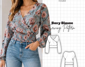 Peut inclure: Un chemisier bleu à manches longues avec un motif floral, un décolleté en V et une taille smockée. L'image contient le texte Boxy Blouse Sewing Pattern, XXS – 6XL Size Range, Multi-Size Pattern Included et un dessin au trait noir et blanc.