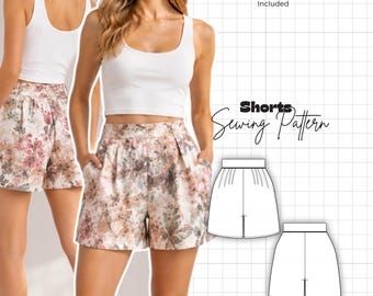 Wide Leg Shorts Sewing Pattern | Custom Length Pleated Waist Shorts DIY | Womens Tailored Shorts Pattern | Sizes 0/2-28/30