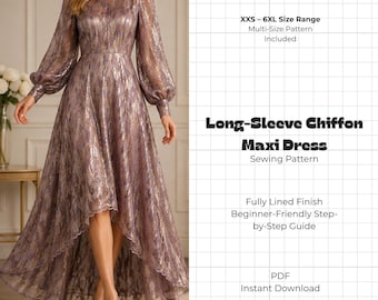 Chiffon Evening Gown Sewing Pattern PDF | Long Sleeve Sheer Maxi Dress DIY | Bonus Bias Cut Slip Dress | Wedding Guest Dress Sizes 00-32
