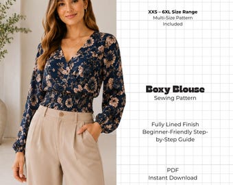 Wrap Front Blouse Sewing Pattern PDF | Long Sleeve Crop Top DIY | Easy Quick Sew Banded Waist | Sizes 0/2-28/30 Plus Size