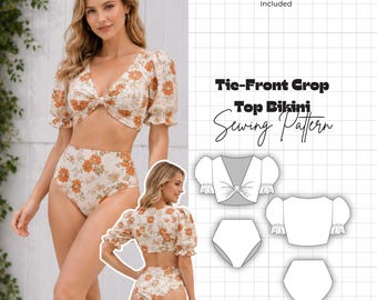 Tie Front Crop Top Bikini Sewing Pattern PDF | High Waisted Swimsuit Pattern | Puff Sleeve Two Piece | Sizes 2-30 | Plus Size Swimwear
