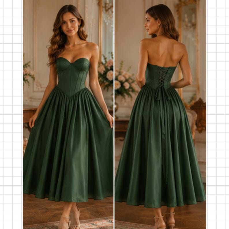 Peut inclure: Une robe midi bustier vert fonc&eacute; dot&eacute;e d'un corsage structur&eacute; de style corset avec des coutures verticales et une jupe ample pliss&eacute;e. Le dos du v&ecirc;tement pr&eacute;sente une fermeture &agrave; lacets avec des rubans, cr&eacute;ant une silhouette ajust&eacute;e.