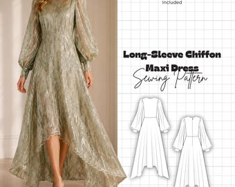 Long Sleeve Chiffon Maxi Dress Sewing Pattern PDF | Bishop Sleeve Formal Gown | Includes Slip Dress Pattern | Sizes 00-32 Handkerchief Hem