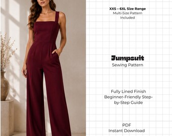 Square Neck Jumpsuit Sewing Pattern PDF | Strappy Wide Leg Romper | Easy Beginner Ponte Knit Pattern | XS-5XL Plus Size