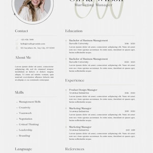 Op de afbeelding: Een professionele cv-sjabloon met een foto van een lachende vrouw, getiteld "Olivia Wilson, Marketing Manager". Het document bevat secties voor contactgegevens, opleiding, ervaring, vaardigheden, taal en referenties. Het ontwerp is strak en modern.
