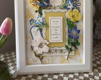 Time Dream and Possibilities picture, art, floral decor, Gift for her, sign, floral, botanical, inspirational, blue and yellow,Free Shipping